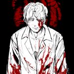  1boy black_background bleeding blood blood_on_clothes blood_on_face daan_(fear_&amp;_hunger) fear_&amp;_hunger fear_&amp;_hunger_2:_termina highres kocho_15 long_sleeves looking_down male_focus monochrome partially_unbuttoned pectoral_cleavage pectorals shirt short_hair spot_color twitter_username upper_body 