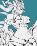  1girl absurdres armor black_clover blue_background breasts greyscale_with_colored_background hair_ornament highres large_breasts limn044 navel noelle_silva red_eyes solo spot_color twintails 