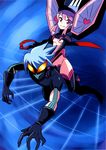  1girl blue_hair bodysuit boots breasts c-string girl_on_top gloves hat highres inumuta_houka jakuzure_nonon katouken_(ktn-works) kill_la_kill pink_eyes pink_hair probe_regalia revealing_clothes reverse_grip riding scan scissor_blade shako_cap short_hair sidelocks small_breasts smile speaker spoilers symphony_regalia thigh_boots thighhighs underboob weapon 