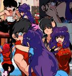  1girl bandages black_hair blush braid burn_mark chinese_clothes collage cologne_(ranma_1/2) cosplay costume_switch double_bun earrings genderswap genderswap_(mtf) hetero jewelry john_crayton kiss muscle purple_eyes ranma-chan ranma_1/2 saliva saotome_ranma shampoo_(ranma_1/2) shirtless single_braid tangzhuang 