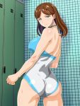  1girl anime_coloring arms_at_sides ass back bare_arms bare_back blue_eyes brown_hair cameltoe clenched_hand closed_mouth commentary_request cowboy_shot dimples_of_venus indoors light_smile locker locker_room looking_at_viewer looking_back monteriakitto one-piece_swimsuit original skin_tight solo standing swimsuit thighs 
