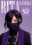  1other absurdres black_hair chain character_name commentary_request covered_mouth ear_piercing hair_behind_ear highres ohsama_sentai_king-ohger other_focus piercing purple_background purple_eyes realistic rita_kanisuka solo super_sentai teecee_zhang upper_body 