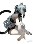  1girl absurdres animal_ears arknights bare_arms bare_shoulders black_scarf black_shorts cat_ears cat_tail commentary_request crop_top grey_hair highres long_hair looking_at_viewer mackia midriff navel ponytail scarf schwarz_(arknights) short_shorts shorts simple_background sitting sleeveless solo stomach tail thighs very_long_hair white_background yellow_eyes 