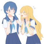  2girls 7026jaja alternate_hairstyle aoi_(ado) blonde_hair blue_eyes blue_hair blue_neckerchief blue_sailor_collar blue_skirt blush chinese_commentary cloud_nine_inc commentary_request hairstyle_switch hands_up highres himawari_(ado) hinata_(ado) long_hair looking_at_another low_twintails multiple_girls neckerchief open_mouth parted_lips pleated_skirt sailor_collar school_uniform serafuku shirt short_sleeves skirt teeth twintails twitter_username upper_body upper_teeth_only white_background white_shirt 