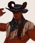  1boy baldur&#039;s_gate baldur&#039;s_gate_3 bara big_nose black_nail_polish cowboy_fringe cowboy_hat dark-skinned_male dark_skin demon_horns dreadlocks dungeons_and_dragons facial_hair goatee goatee_stubble hat highres horns male_focus muscular muscular_male peachydaes2 pointy_ears scar scar_on_cheek scar_on_face stubble white_background wyll_(baldur&#039;s_gate) 