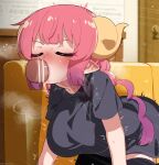  1boy 1girl ^^^ absurdres all_fours bar_censor black_shirt black_thighhighs blush breasts censored closed_eyes couch deepthroat dragon_girl dragon_horns ear_blush erection fellatio gradient_hair heavy_breathing hetero highres horns ilulu_(maidragon) indoors irrumatio kobayashi-san_chi_no_maidragon mixed-language_commentary mizumizuni motion_lines multicolored_hair nose_blush on_couch oral paid_reward_available penis pink_hair pointy_ears purple_hair saliva shirt short_sleeves solo_focus sweat tearing_up thighhighs twintails variant_set x-ray yellow_horns 