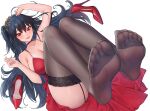  1girl ahoge azur_lane black_hair black_thighhighs blush breasts chinese_commentary choker cocktail_dress collarbone commentary_request commission crossed_bangs dress feet feet_up fingernails foot_focus foreshortening from_above garter_straps hair_between_eyes hair_ornament high_heels highres large_breasts legs legs_up long_fingernails long_hair looking_at_viewer lying no_shoes official_alternate_costume on_back one_side_up parted_lips pixiv_commission pumps qizhu red_choker red_dress red_eyes red_footwear simple_background sleeveless sleeveless_dress smile soles solo taihou_(azur_lane) taihou_(forbidden_feast)_(azur_lane) teeth thighhighs thighs toes unworn_footwear very_long_hair white_background 