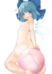  1girl ass back ball blue_eyes blue_hair bow breasts cirno hair_bow highres ice ice_wings kneeling looking_at_viewer looking_back nipples nude open_mouth pussy simple_background small_breasts smile solo touhou turning_head white_background wings 