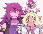  2girls :3 animal_ears animal_nose antlers armlet black_eyes blonde_hair blush collarbone colored_sclera colored_skin commentary_request deer_ears deer_girl deltarune fangs freckles furry furry_female grey_background grey_eyes hands_up highres horn_grab horns long_hair looking_at_viewer mayuzumi multiple_girls multiple_views noelle_holiday open_mouth pink_skin purple_hair purple_shirt shirt simple_background spiked_armlet susie_(deltarune) sweatdrop upper_body yellow_sclera 