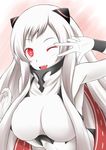  airfield_hime blush breasts fuuma_nagi horns kantai_collection large_breasts long_hair open_mouth red_eyes shinkaisei-kan solo upper_body v v_over_eye white_hair 