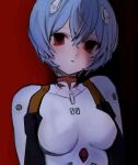  1girl ayanami_rei blue_hair bodysuit breasts crossed_bangs hair_between_eyes highres interface_headset looking_at_viewer medium_breasts multicolored_background neon_genesis_evangelion parted_lips plugsuit red_eyes short_hair simple_background solo two-tone_background uee_m upper_body white_bodysuit 