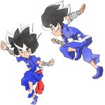  1boy black_hair blue_footwear blue_pants blue_shirt chinese_clothes fighting_stance looking_at_viewer martial_arts multicolored_hair multiple_views official_art pants shirt takeuchi_kou third-party_source two-tone_hair warioware warioware:_get_it_together! young_cricket 
