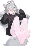  1girl absurdres animal_ear_fluff animal_ears black_hoodie collar expressionless fenrir_(fenriluuu) full_body grey_hair hair_ornament hairclip heart highres hood hood_down hoodie long_hair long_sleeves looking_at_viewer lying on_back original pantyhose parted_lips pink_eyes red_collar rir-chan tail white_pantyhose wolf_ears wolf_girl wolf_tail 