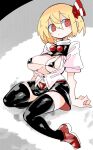  1girl adapted_costume black_thighhighs blonde_hair breasts closed_mouth full_body hair_between_eyes hair_ribbon highres large_breasts massakasama red_eyes red_ribbon ribbon rumia shirt short_hair short_sleeves solo thighhighs touhou white_shirt 