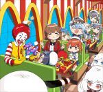  1boy 6+girls asahi_(kancolle) balloon_animal black_hair breasts brown_hair burger chougei_(kancolle) closed_eyes clown cup disposable_cup eating enemy_lifebuoy_(kancolle) english_commentary etorofu_(kancolle) fast_food flower food food_on_face french_fries fukae_(kancolle) glasses gloves grey_hair hair_flaps hair_ornament hat highres hirato_(kancolle) holding holding_cup holding_food horns indoors jingei_(kancolle) kantai_collection matsuwa_(kancolle) mcdonald&#039;s mole mole_under_eye multiple_girls northern_little_sister northern_ocean_princess open_mouth osananajimi_neko purple_hair red_hair ronald_mcdonald sado_(kancolle) seaport_princess single_horn sitting sparkle tsushima_(kancolle) white_flower white_gloves white_hair white_headwear 