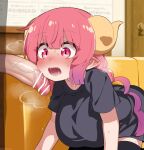  1boy 1girl ^^^ absurdres all_fours bar_censor black_shirt black_thighhighs blush breasts censored couch dragon_girl dragon_horns ear_blush gradient_hair heart heart_in_eye heavy_breathing hetero highres horns ilulu_(maidragon) indoors kobayashi-san_chi_no_maidragon looking_at_penis mixed-language_commentary mizumizuni multicolored_hair nose_blush on_couch paid_reward_available penis penis_awe pink_eyes pink_hair pointy_ears purple_hair saliva shirt short_sleeves slit_pupils solo_focus sweat symbol_in_eye thighhighs twintails variant_set veins veiny_penis yellow_horns 