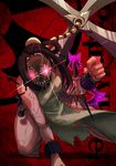 1girl bare_feet barefoot blade brown_hair clenched_hand cuffs female fist glowing glowing_eyes hair_ornament hairpin highres mask nail painwheel_(skullgirls) red_eyes shackles short_hair skullgirls solo spikes stitches toa_(kitakaze_setsuna) veins weapon 