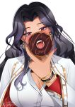  1girl absurdres artist_name black_hair breasts captainarmada chest_strap cleavage dark-skinned_female dark_skin dated doughnut earrings fingernails food gold_bracelet gold_necklace highres holding_doughnut jacket jewelry large_breasts long_hair mole mole_under_eye multiple_bracelets necklace nijisanji nijisanji_en open_mouth red_eyes red_nails scarle_yonaguni scarle_yonaguni_(1st_costume) sharp_fingernails shirt tongue tongue_out upper_body virtual_youtuber white_jacket white_shirt 