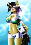  anthro anthrofied black_hair breasts cleavage clothed clothing equine female friendship_is_magic hair holding horn mammal metalfoxxx mexico my_little_pony navel original_character outside shirt shorts sky soccer soccer_ball solo standing sun thong unicorn yellow_eyes 