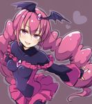  bad_end_happy bad_end_precure bat_wings black_bodysuit bodysuit breasts commentary_request dark_persona frilled_skirt frills hair_ornament long_hair low_twintails open_mouth pink_eyes pink_hair precure purple_eyes skirt small_breasts smile smile_precure! solo standing tiara tight tokunou_shoutarou twintails wings 