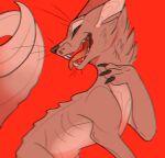 aevris ambiguous_gender brown_body brown_fur canid canine claws countershade_fur countershade_torso countershading dipstick_tail fangs feral fur mammal markings open_mouth paws red_background simple_background solo tail tail_markings teeth tongue tongue_out whiskers