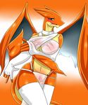  anthro anthrofied blush breasts charizard clothed clothing dragon fangs female geiru_mirua gloves half-dressed happy horn looking_at_viewer mega_charizard mega_charizard_y mega_evolution navel nintendo onodera_nino open_mouth orange_dragon pok&#233;mon pok&eacute;mon pussy smile solo squint standing tongue video_games wings 