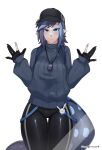  against_glass commission commissioner_upload condylonucla dela_(teuthidan) dog_tags grey_eyes grey_hair hat highres lizard_tail looking_at_viewer original signature tail thick_thighs thighs 