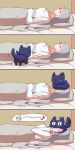  absurdres animal animal_on_head animalization bed blanket blue_cat blue_scarf bronya_rand cat cat_on_head chinese_text closed_eyes commentary critter_pick_(honkai:_star_rail) english_text grey_hair heart highres honkai:_star_rail honkai_(series) lying on_back on_head pillow scarf seele_(honkai:_star_rail) sleeping smelling speech_bubble sunny_day_9797 surprised symbol-only_commentary translated 