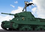  anchovy anzio_(emblem) anzio_military_uniform belt boots carro_armato_p40 caterpillar_tracks cloud commentary day drill_hair emblem food girls_und_panzer green_hair grey_jacket grey_pants grin ground_vehicle hand_on_hip jacket knee_boots long_hair long_sleeves looking_at_viewer military military_uniform military_vehicle motor_vehicle necktie on_vehicle oosaka_kanagawa outdoors pants pizza red_eyes shoulder_belt sky smile solo standing tank twin_drills twintails uniform v 