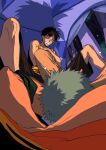  2boys arm_behind_head beast_romance black_hair camping closed_eyes crossed_arms feet_out_of_frame fireflies green_hair highres lying male_focus monkey_d._luffy multiple_boys on_back one_piece perspective roronoa_zoro scar scar_on_cheek scar_on_face shadow short_hair sideburns sitting smile tent_interior 