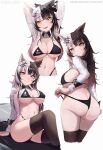  1girl absurdres animal_ears arms_behind_head atago_(azur_lane) atago_(azur_lane)_(cosplay) atago_(stunning_speedster)_(azur_lane) azur_lane bikini black_bikini black_hair black_thighhighs blush breasts cat_ears closed_mouth cosplay crossed_legs grey_hair highres hololive hololive_english large_breasts long_hair multicolored_hair navel open_mouth shiori_novella shirt sitting_on_car smile split-color_hair swimsuit thighhighs vicarious virtual_youtuber white_shirt yellow_eyes 