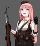  1girl absurdres aqua_eyes belt black_gloves buckle earrings garrison_cap girls&#039;_frontline gloves grey_background gun hammer_and_sickle hat highres holding holding_gun holding_weapon jewelry long_hair looking_at_viewer open_mouth pink_hair pouch rampart1028 rifle simonov_(girls&#039;_frontline) sks smile solo star_(symbol) star_earrings upper_body weapon 