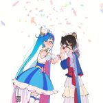  2girls akira_sekine aoi_tete artist_logo black_hair blue_cape blue_eyes blue_hair bow brooch cape closed_mouth confetti crying cure_sky detached_sleeves dress dress_bow earrings fingerless_gloves frilled_dress frills gloves gradient_hair hair_ornament hands_on_another&#039;s_face happy_tears highres hirogaru_sky!_precure holding holding_microphone jewelry layered_dress leaning_forward long_hair long_sleeves looking_at_another magical_girl medium_hair microphone multicolored_clothes multicolored_dress multicolored_hair multiple_girls pink_hair precure puffy_detached_sleeves puffy_sleeves red_cape short_dress side_ponytail sleeveless sleeveless_dress smile sora_harewataru standing streaked_hair streaming_tears tearing_up tears thighhighs twintails two-tone_cape two-tone_dress very_long_hair voice_actor_connection white_background white_dress white_gloves white_thighhighs wing_brooch wing_hair_ornament 