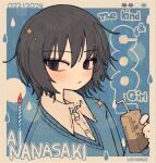  1girl amagami artist_name black_hair blue_background blue_jacket border brown_hair candle carton dated expressionless fire happy_birthday highres holding_carton jacket looking_at_viewer nanasaki_ai rabiyamarabi shirt short_hair solo sparkle white_border white_shirt 