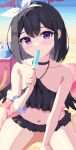  1girl animated animated_gif bare_shoulders bikini bikini_skirt black_bikini black_hair black_wings blinking blue_archive blush closed_eyes food food_in_mouth hairband halo holding holding_food holding_popsicle looking_at_viewer mashiro_(blue_archive) mashiro_(swimsuit)_(blue_archive) navel official_alternate_costume piao_mao pixel_art popsicle popsicle_in_mouth purple_eyes red_halo short_hair sitting solo swimsuit white_hairband wings 