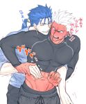  2boys abs archer_(fate) bara black_pants blue_hair blue_shirt clothes_lift cu_chulainn_(fate) cu_chulainn_(fate/stay_night) earrings fate/stay_night fate_(series) jewelry large_pectorals looking_at_another male_focus multiple_boys muscular muscular_male navel open_mouth pants pectorals ponytail shirt shirt_lift short_hair simple_background smile suginamayuge teeth translation_request white_background white_hair yaoi 