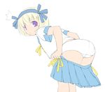  1boy :&lt; bent_over blonde_hair dressing flat_color hair_ribbon hairband kasuga_yukihito male_focus nell_(pangya) otoko_no_ko pangya panties pantyshot pantyshot_(standing) pleated_skirt purple_eyes ribbon short_hair short_sleeves simple_background skirt solo standing sweatdrop underwear undressing white_background white_panties work_in_progress 