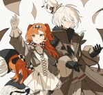  1boy 1girl arm_up bird black_gloves black_scarf brown_coat checkered_hairband coat cowboy_shot dress fur-trimmed_sleeves fur_trim glass_pen gloves green_eyes grey_sleeves hand_up holding holding_pen holding_quill ko_hayashi_(keyaki) long_hair long_sleeves looking_up orange_hair pants pants_under_dress paper parted_lips pen puffy_long_sleeves puffy_sleeves quill reaching reverse:1999 scarf shirt short_hair signature sonetto_(reverse:1999) tit_(bird) twitter_username two_side_up white_background white_dress white_gloves white_hair white_pants white_shirt zima_(reverse:1999) 