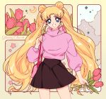  1girl bag bishoujo_senshi_sailor_moon black_skirt blonde_hair blue_eyes crescent double_bun flower hair_bun handbag highres long_hair mroczniak_(gloomy_chuu) pink_sweater skirt smile solo sweater tsukino_usagi tulip turtleneck twintails 