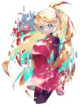  1girl amanhecer_eod black_bodysuit blonde_hair blue_eyes bodysuit bodysuit_under_clothes character_name ciel_(mega_man) dress high_ponytail highres long_hair mega_man_(series) mega_man_zero_(series) pink_dress solo twitter_username 