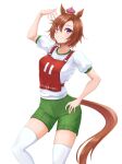  1girl animal_ears arm_up character_name commentary crown green_shorts grin gym_shirt gym_shorts gym_uniform hand_on_own_hip highres horse_ears horse_girl horse_tail kemuri_(etep3372) looking_at_viewer mini_crown one_eye_closed orange_hair purple_eyes race_bib shirt short_hair short_sleeves shorts simple_background smile solo standing t-shirt t.m._opera_o_(umamusume) tail thighhighs translated umamusume white_background white_shirt white_thighhighs 
