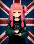  1girl black_shirt blush closed_mouth cup green_jacket hair_ornament holding holding_cup holding_saucer jacket kotonoha_akane low-tied_sidelocks panjandrum pink_eyes pink_hair plusma saucer shirt smile solo teacup union_jack voiceroid 