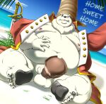 2024 anthro balls beach bear belly big_belly censored clothing detailed_background erection fur genitals hat headgear headwear hi_res kemono male mammal mega0923xxx mega_(artist) moobs navel nipples outside overweight overweight_male palm_tree penis plant polar_bear scar sitting solo text tree ursine weapon white_body white_fur