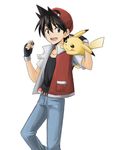  black_eyes black_hair denim fingerless_gloves gen_1_pokemon gloves hat highres jeans nip_to_chip open_mouth pants pikachu poke_ball pokemon pokemon_(creature) pokemon_special red_(pokemon) short_hair smile vest white_background 