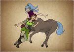  blue_hair boots breasts brown_fur brown_hair centaur clothed clothing collar ear_piercing equine fur green_clothing hair human lipstick mammal piercing purple_clothing running svartvinge taur zestia 