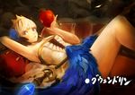  apple arm_up armpits bad_id bad_pixiv_id bangs blue_eyes blunt_bangs breasts character_name crown dress feathers food fruit gwendolyn looking_at_viewer lying medium_breasts odin_sphere on_back polearm short_hair solo spear takaki_tomomi thighs weapon white_hair 