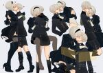  1girl 2b_(nier:automata) 9s_(nier:automata) artist_name back_cutout black_dress black_footwear black_hairband black_shorts black_socks black_suit black_thighhighs blue_eyes blush boots bug buttons carrying carrying_person closed_eyes clothing_cutout commentary_request cropped_torso dress grey_background grey_hair hairband heart hetero high_heel_boots high_heels kiss mitsuki_nite nier:automata nier_(series) puffy_sleeves short_hair shorts simple_background socks standing suit thighhighs twitter_username watermark 