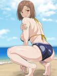  1girl anime_coloring ass back bare_arms bare_legs barefoot beach blurry blurry_background bob_cut breasts brown_hair cloud day hand_on_own_arm horizon large_breasts looking_at_viewer looking_back medium_hair monteriakitto ocean original outdoors parted_lips red_eyes revealing_clothes shore sideboob sky solo squatting swimsuit thighs toes 