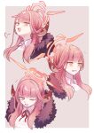  1girl aru_(blue_archive) blue_archive blush brown_coat brown_horns coat collared_shirt demon_horns fur-trimmed_coat fur_trim halo horns long_hair miyakure multiple_views one_eye_closed open_mouth pink_hair pink_halo shirt smile white_shirt yellow_eyes 