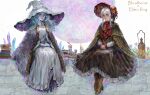  2girls bloodborne blue_hair blue_skin bonnet book book_stack boots cloak colored_skin copyright_name crossover crystal dress elden_ring extra_arms extra_faces flower from_software fur_cloak grey_hair hat high_heels highres lantern looking_at_viewer messengers_(bloodborne) moon multiple_girls oreki_genya own_hands_together plain_doll poncho ranni_the_witch sitting witch_hat 